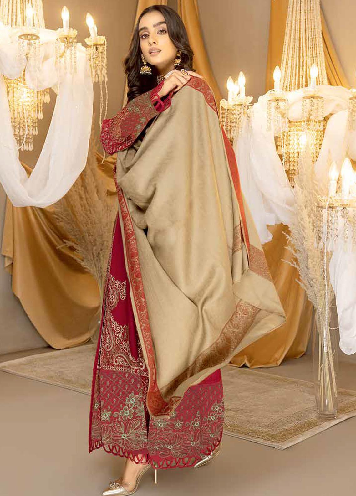 Radiant Red Charm: Charizma Posima 3-Piece Suit with Shawl