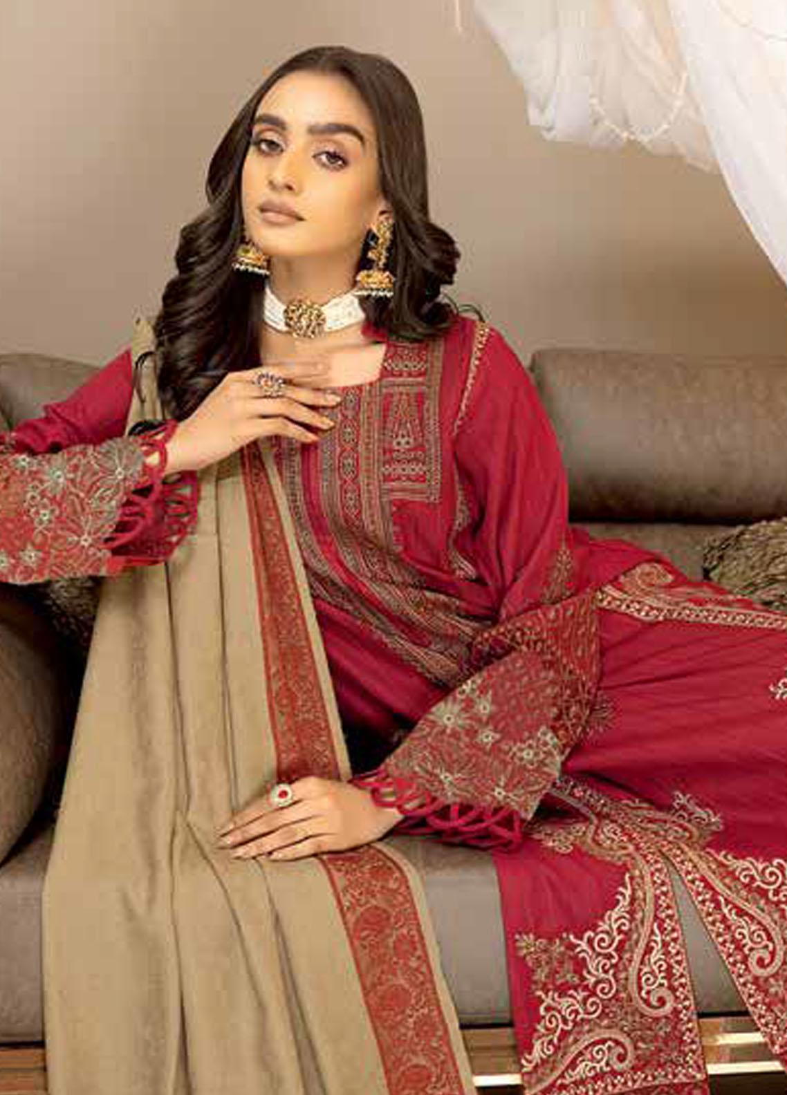 Radiant Red Charm: Charizma Posima 3-Piece Suit with Shawl