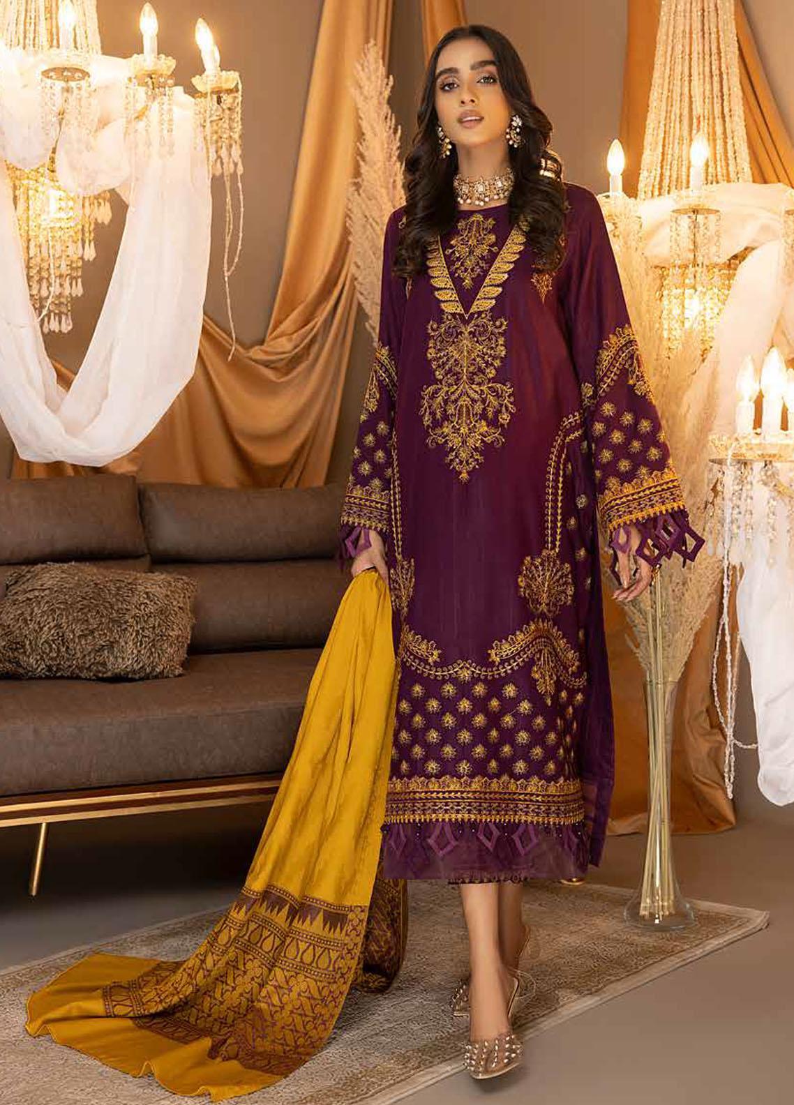 Purple Pashmina Elegance: Charizma Posima 3-Piece Suit with Woven Shawl