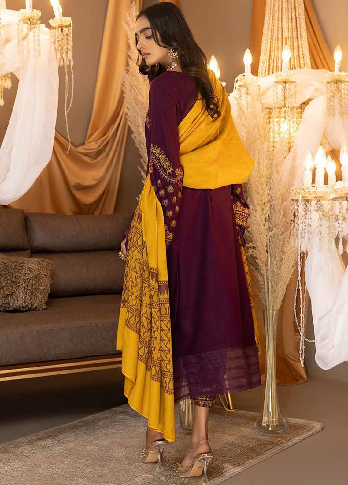 Purple Pashmina Elegance: Charizma Posima 3-Piece Suit with Woven Shawl