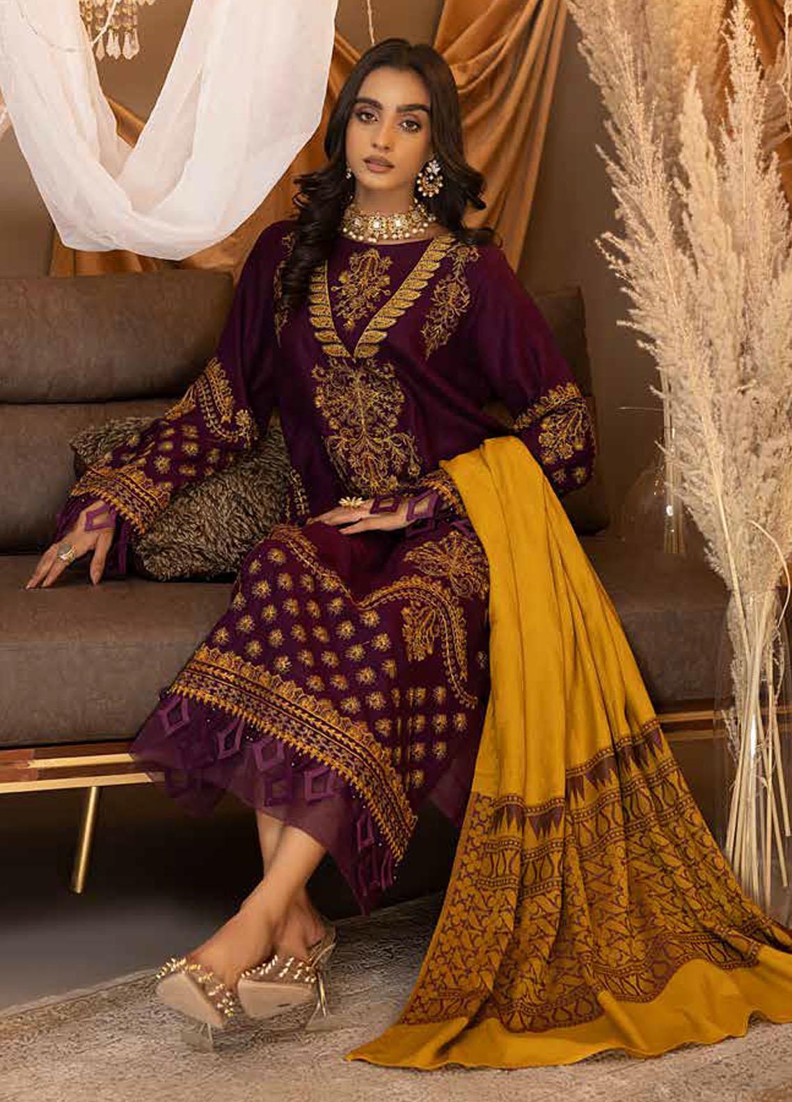 Purple Pashmina Elegance: Charizma Posima 3-Piece Suit with Woven Shawl