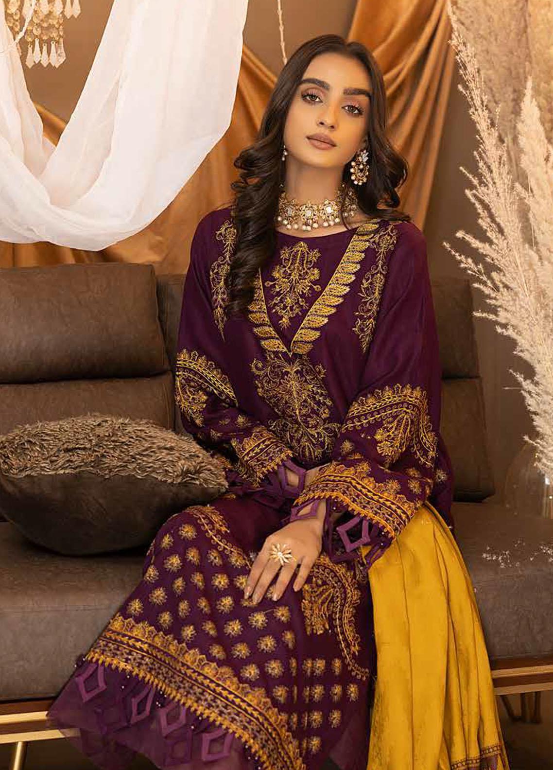 Purple Pashmina Elegance: Charizma Posima 3-Piece Suit with Woven Shawl