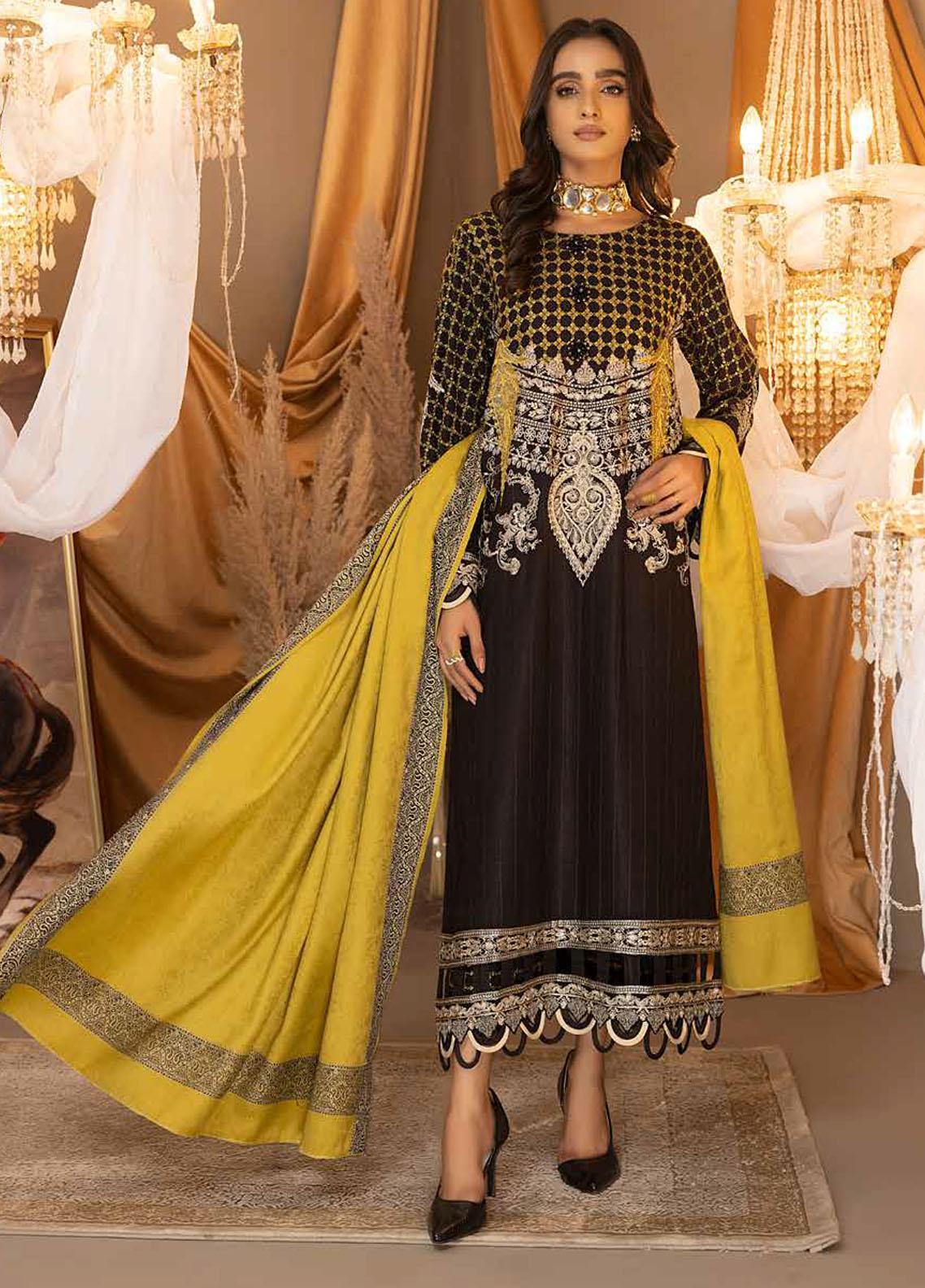 Charizma Posima Elegance: Black and Yellow Pashmina 3-Piece Suit with Woven Shawl