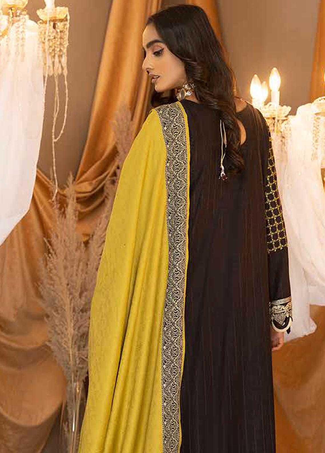 Charizma Posima Elegance: Black and Yellow Pashmina 3-Piece Suit with Woven Shawl