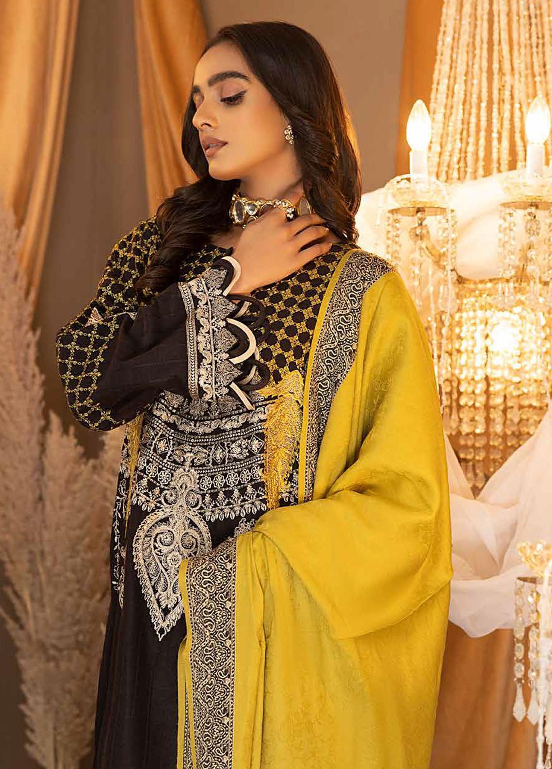 Charizma Posima Elegance: Black and Yellow Pashmina 3-Piece Suit with Woven Shawl