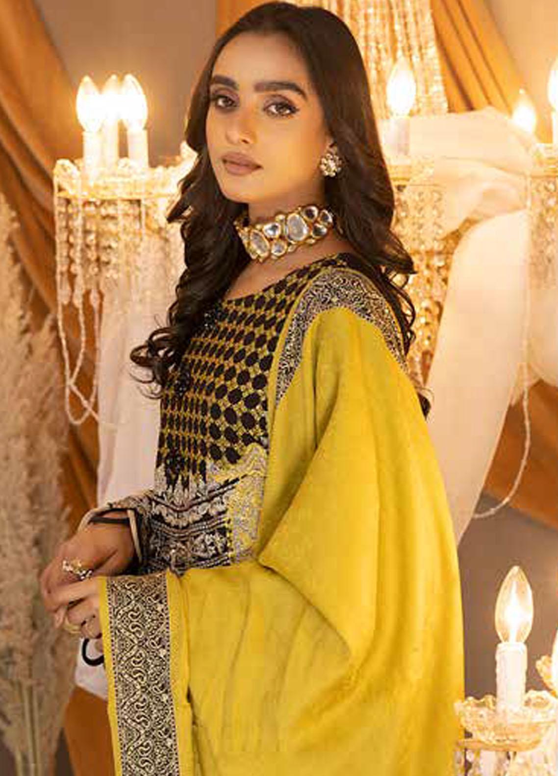 Charizma Posima Elegance: Black and Yellow Pashmina 3-Piece Suit with Woven Shawl