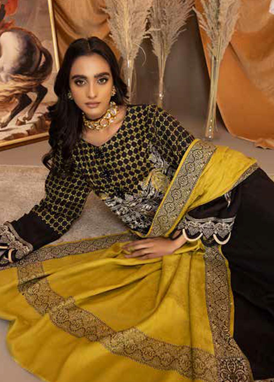 Charizma Posima Elegance: Black and Yellow Pashmina 3-Piece Suit with Woven Shawl