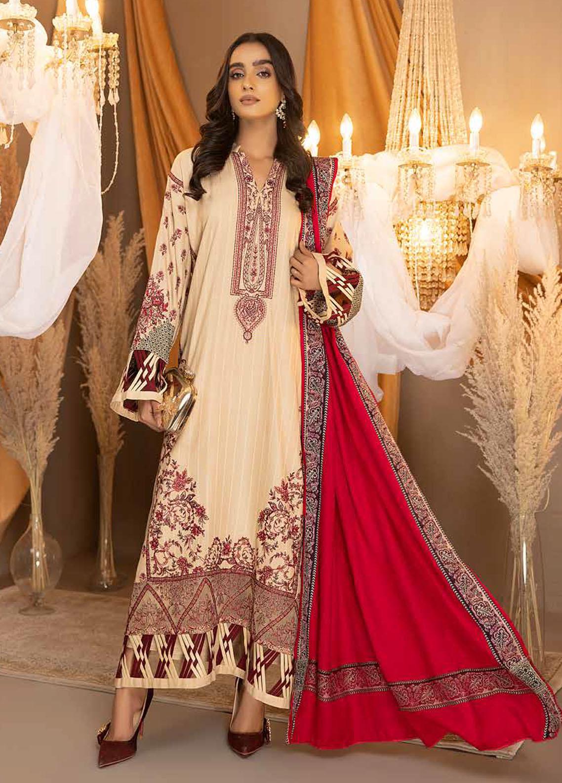 Cozy Elegance: Charizma Posima Pashmina 3-Piece Suit with Woven Shawl- Beige