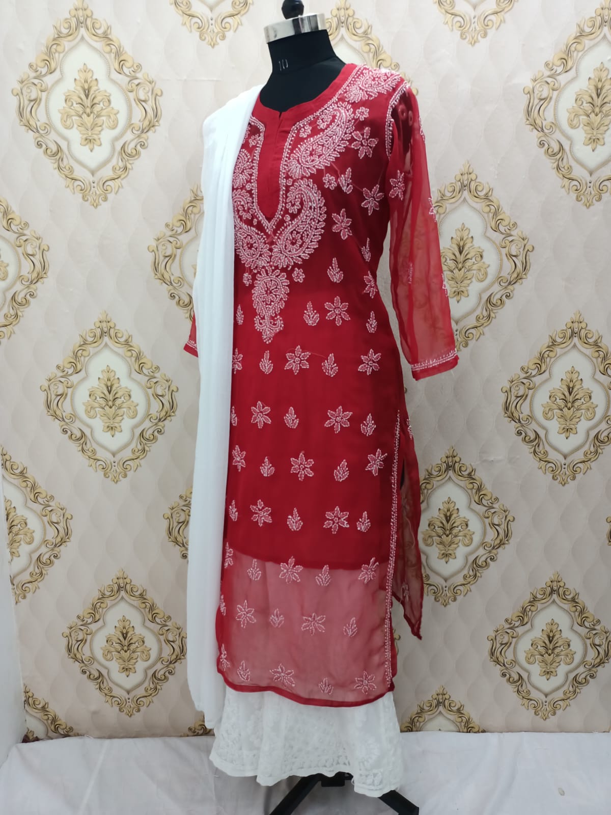 Lucknowi Chikankari Booti Jaal Ensemble-Red