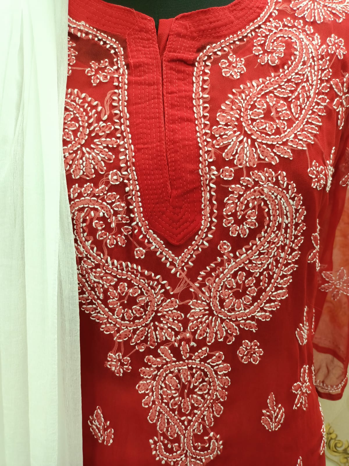 Lucknowi Chikankari Booti Jaal Ensemble-Red