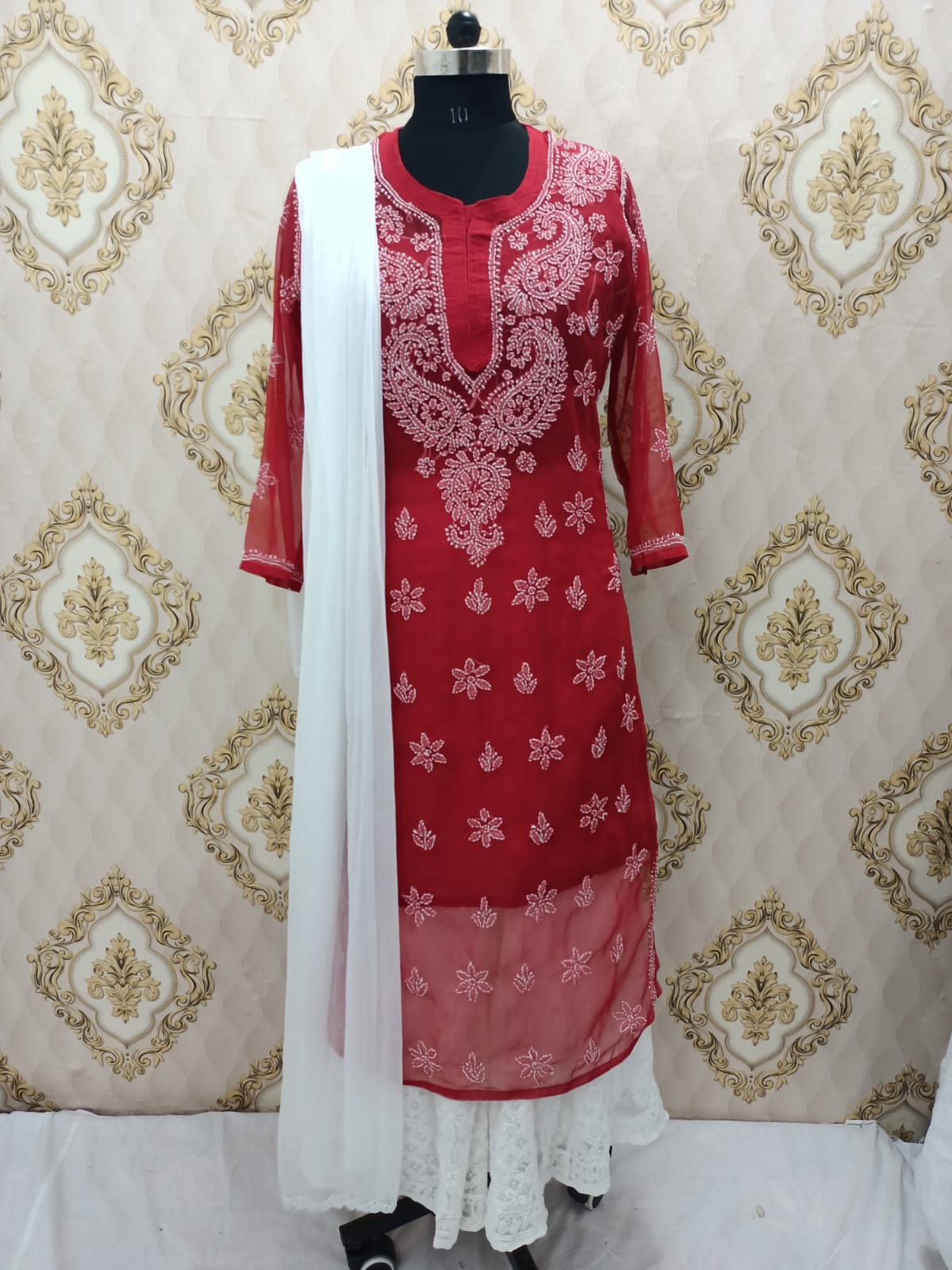 Lucknowi Chikankari Booti Jaal Ensemble-Red