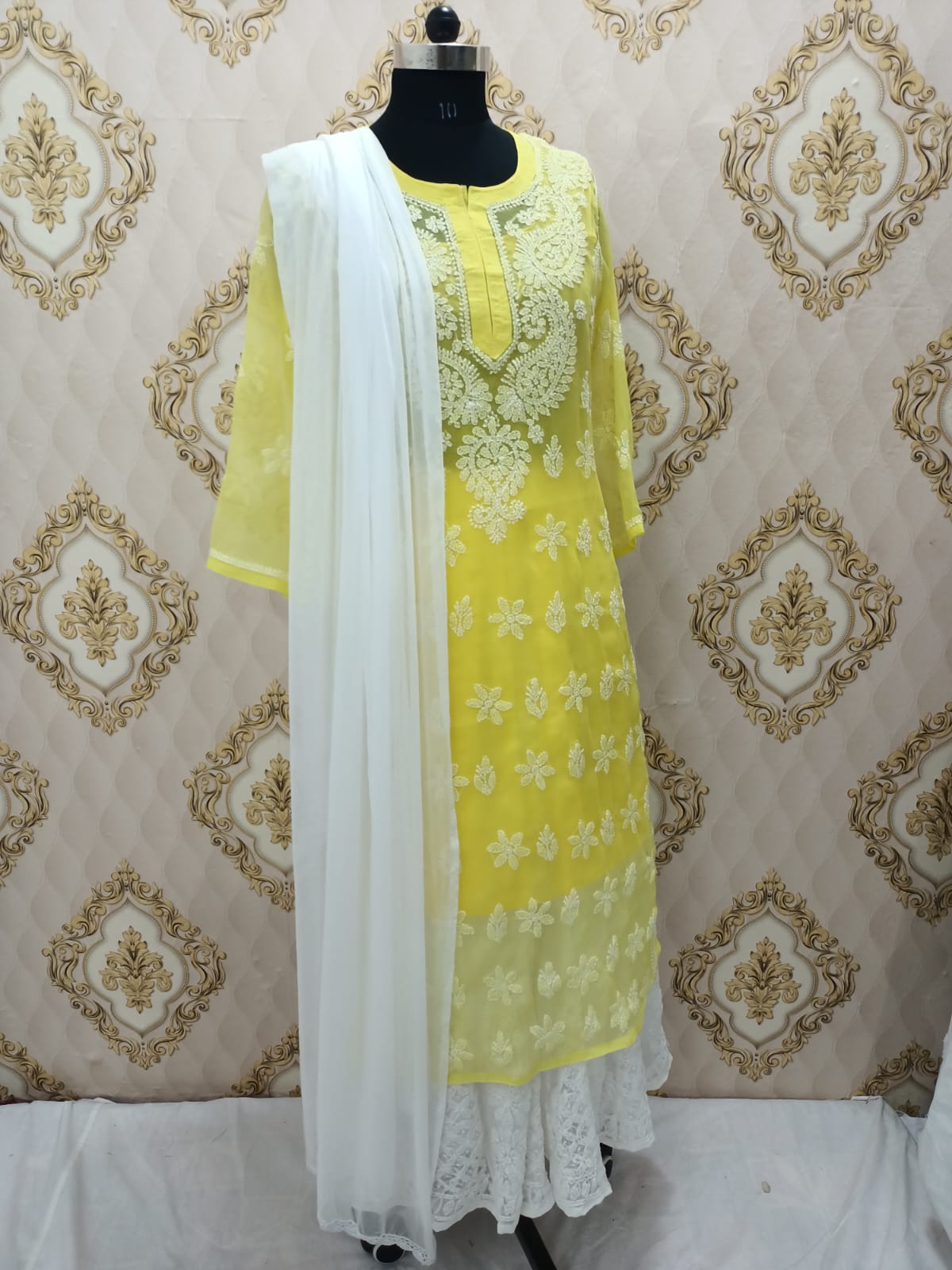 Lucknowi Chikankari Booti Jaal Ensemble-Yellow